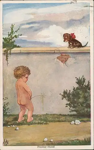 Ansichtskarte  Scherzkarte Frecher Hund Junge pi... an Mauer 1922