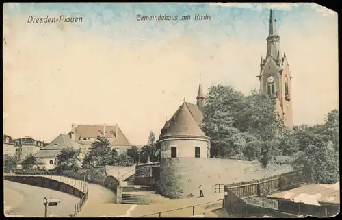 Ansichtskarte Plauen-Dresden Gemeindehaus mit Kirche 1917