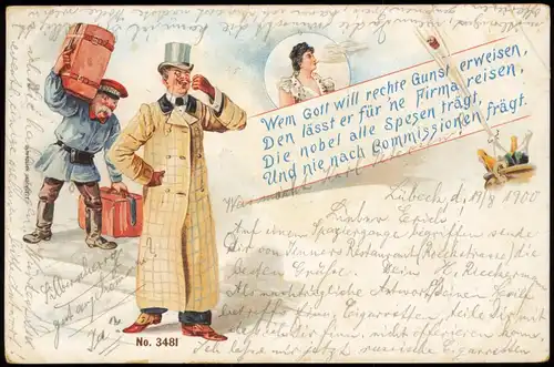 Scherzkarte Wem Gott will rechte Gunst erweisen, Den lässt    Firma reisen 1900