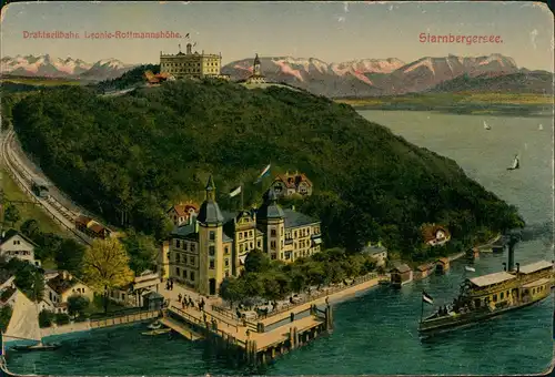 Starnberg Künstlerkarte Drahtseilbahn, Dampfer Leoni-Rottmannshöhe 1912