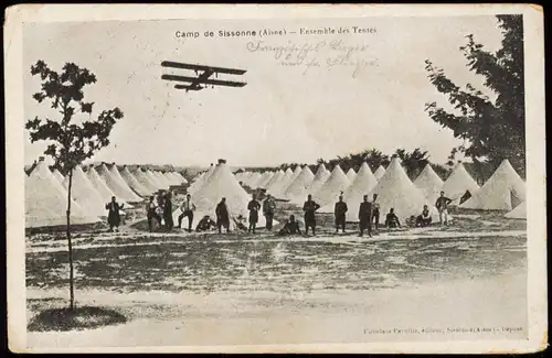 CPA Sissonne Militärlager Flugzeug Doppeldecker 1914  gel. Feldpost