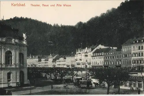 Postcard Karlsbad Karlovy Vary Alte Wiese - Pferde-Straßenbahn 1912