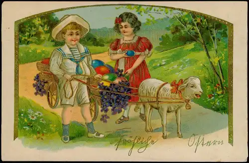 Glückwunsch Ostern / Easter Kinder Lamm Ostereier 1913 Goldrand
