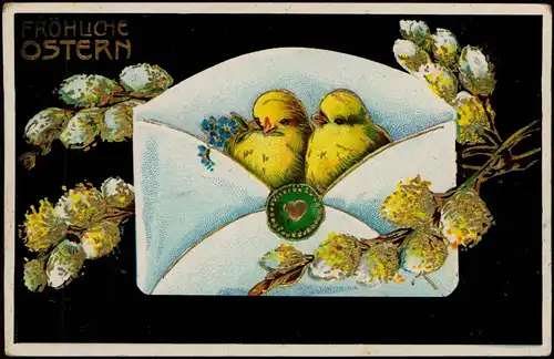 Glückwunsch Ostern / Easter Küken im Briefumschlag Weidenkätzchen 1915 Goldrand