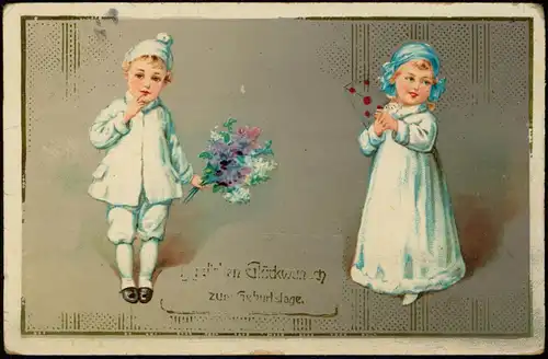 Geburtstag Birthday junge Mädchen imn weißem Schlafanzug 1916 Goldrand