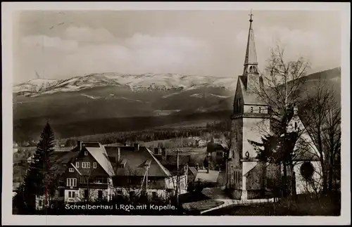 Schreiberhau Szklarska Poręba St5adtpartie an der Kapelle Riesengebirge 1934