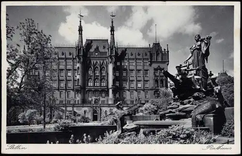 Postcard Stettin Szczecin Rathaus und Manzellbrunnen Pommern 1937