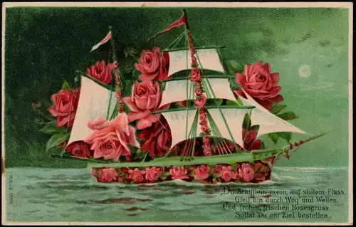 Ansichtskarte  Liebe Love Rosen - Segelschiff 1907 Prägekarte