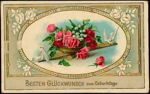 Ansichtskarte  Geburtstag Birthday Tauben Rosen Wippe 1912 Goldrand
