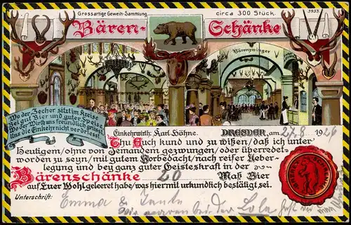 Ansichtskarte Dresden Bären-Schänke Urkunde Künstlerkarte 1926