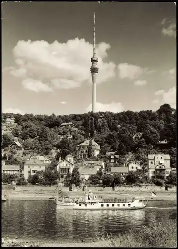 Wachwitz-Dresden Elbe Schiff MS TORGAU passiert Wachwitz Fernsehturm 1975