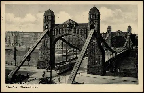 Postcard Breslau Wrocław Kaiserbrücke, Häuserzeile - Straßenbahn 1941