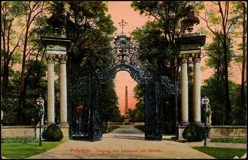 Ansichtskarte Potsdam Eingang von Sanssouci am Obelisk. 1911