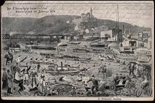 Aussig Ústí nad Labem   Der Elbeverkehr beim tiefsten Wasserstand Böhmen 1904