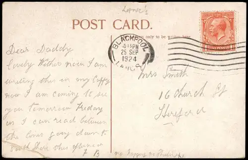 Postcard Blackpool Promenade, Straßenbahn - Turm 1924