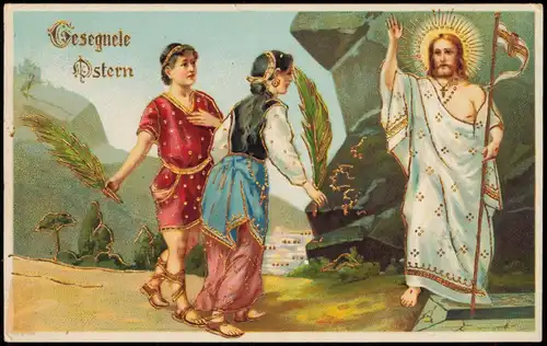 Ostern / Easter Jesus Frau und Mann mit Palmenzweigen 1914 Goldrand