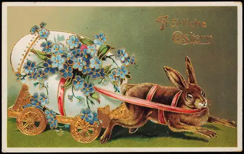 Ansichtskarte  Ostern / Easter Osterhase zieht Riesen-Osterei 1911 Goldrand