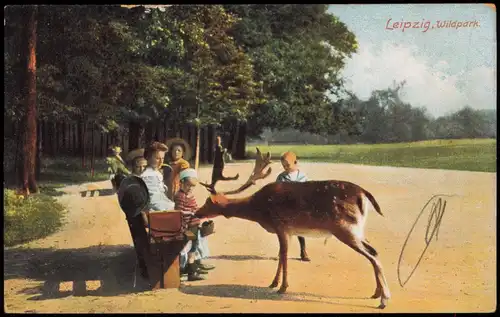 Ansichtskarte Leipzig Wildpark - Hirsch Bank mit Familie 1914