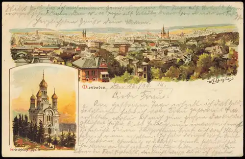 Ansichtskarte Wiesbaden 2 Bild Künstlerkarte Stadt, Griech. Kapelle 1914