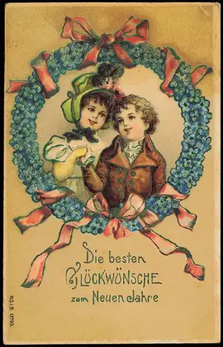 Neujahr New Year Ehrenkrenz aus Veilchen Junge Mädchen 1919 Prägekarte