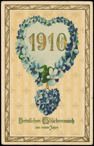 Ansichtskarte  Neujahr Sylvester New Year Veilchen Herz 1910 Goldrand
