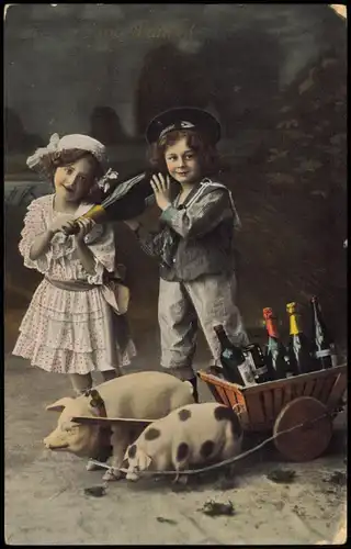 Neujahr Sylvester New Year KInder Sektflasche Glücksschweine 1908