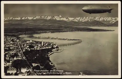 Ansichtskarte Friedrichshafen Luftbild m. Luftschiff Hindenburg u. Alpen 1935