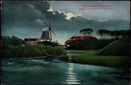 Ansichtskarte Norderney Napoleonsschanze mit der Windmühle b. Mondschein 1913