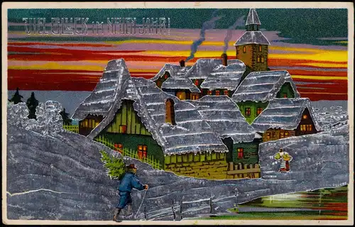 Ansichtskarte  Neujahr Sylvester New Year Stadt 1911 Silber-Effekt