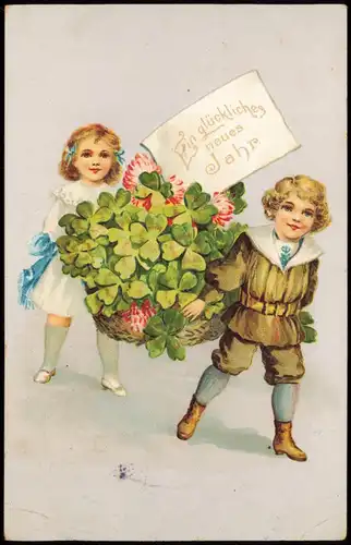 Neujahr Sylvester New Year Junge u. Mädchen mit Korb voller Kleeblätter 1906
