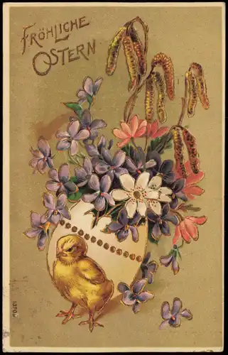 Ostern / Easter Küken Riesenei mit Veilchen 1908 Goldrand/Prägekarte