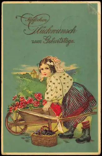 Glückwunsch Geburtstag Birthday Mädchen Schubkarre voller Rosen 1913 Goldrand