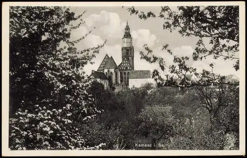 Ansichtskarte Kamenz Kamjenc Stadt durch Bäume gesehen 1939