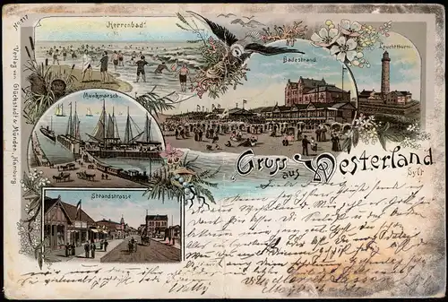 Litho AK Westerland-Sylt Gruss aus Strandstrasse Hafen Munkmarsch 1897