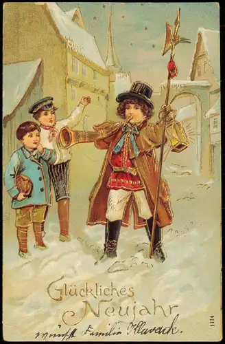 Ansichtskarte  Neujahr Sylvester New Year Jungen und Trompeter 1908 Goldrand