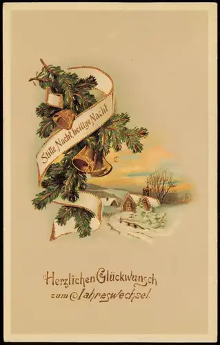 Neujahr Sylvester New Year Tannenzweige Glocken Stadt 1915 Goldrand