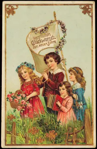 Ansichtskarte  Neujahr Sylvester New Year musizierende Kinder 1915 Goldrand