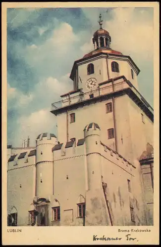 Postcard Lublin Brama Krakowska 1943 gel. Feldpost Blindstempel WK2