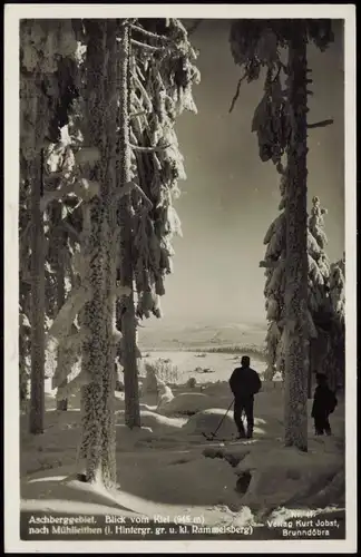 Ansichtskarte Mühlleithen-Klingenthal Skifahrer Winter Aschberggebiet 1934