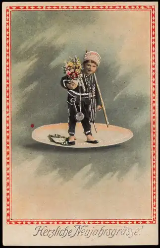 Neujahr Sylvester New Year Junge als Schornsteinfeger 1919 Silberrand