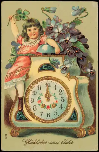 Neujahr Sylvester New Year Mädchen auf Riesen-Uhr 1909 Goldrand/Prägekarte