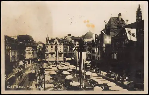 Ansichtskarte Basel Marktplatz, Fahnen, Markttreiben 1937
