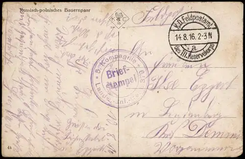 Postcard Polen Polska  Russisch-polnisches Bauernpaar 1916  gel. Feldpost