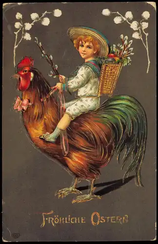 Glückwunsch Ostern / Easter Junge reitet auf Hahn 1909 Goldrand