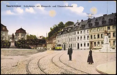 Saarbrücken Schloßplatz mit Bismarck- und Ulanendenkmal Straßenbahn 1917