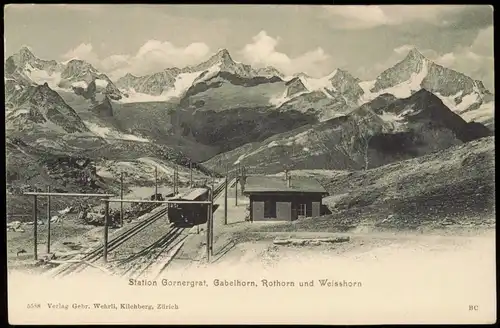 Zermatt Station Gornergraf, Gabelhorn, Rothorn und Weisshorn 1911