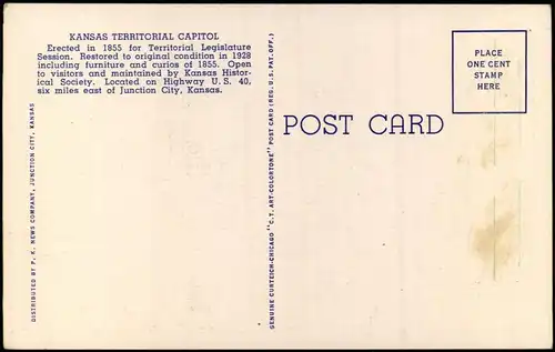 Postcard Kansas Allgemein KANSAS FIRST TERRITORIAL CAPITOL BUILDING 1935