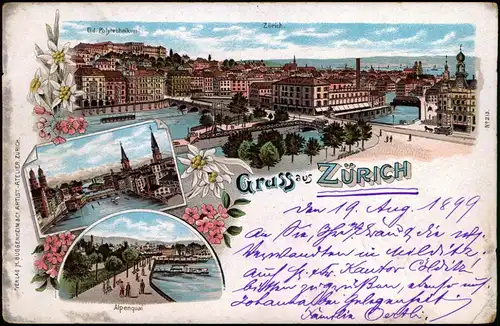 Ansichtskarte Litho AK Zürich 3 Bild Stadtansichten Gruss aus 1899