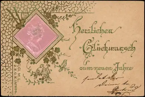 Neujahr Sylvester New Year Frauenporträt  1904  Präge   Soldatenbrief Leipzig