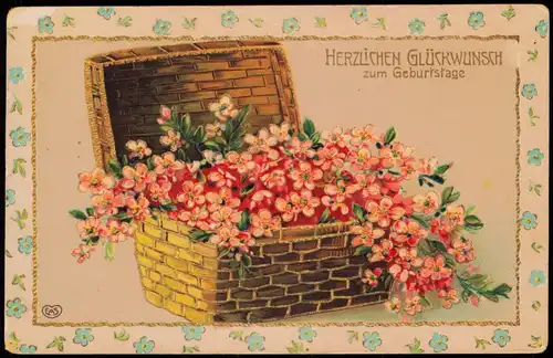 Glückwunsch Geburtstag Birthday Kiste voller Blumen 1913 Goldrand